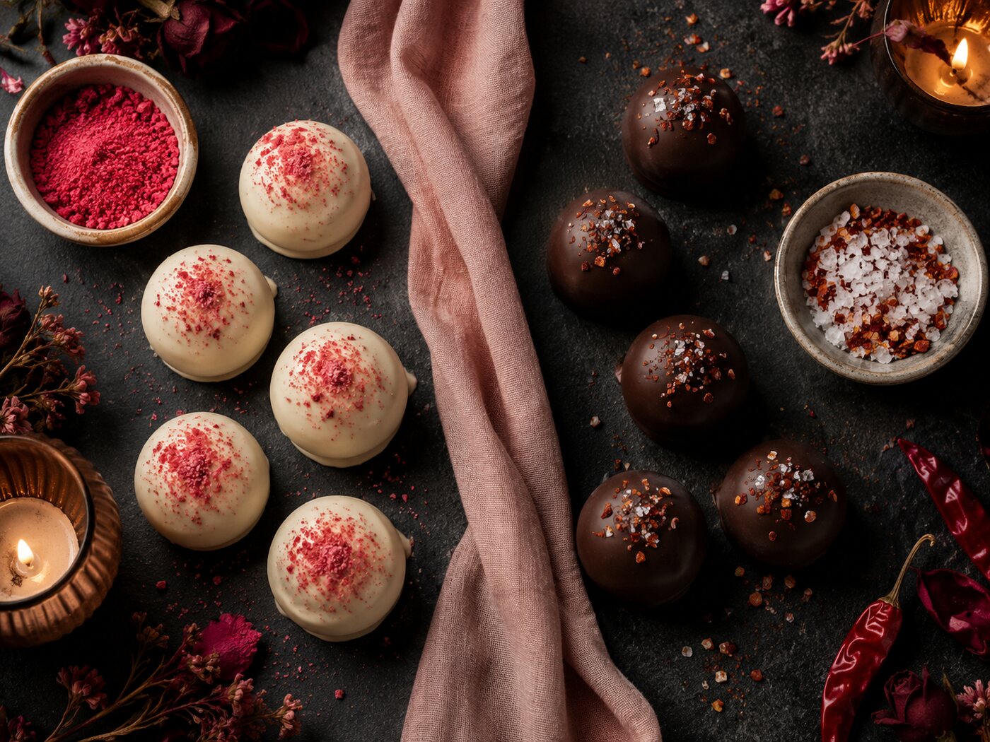 Both sides finished and set, white chocolate Good Girl truffles and salted dark chocolate Brat Baby truffles.