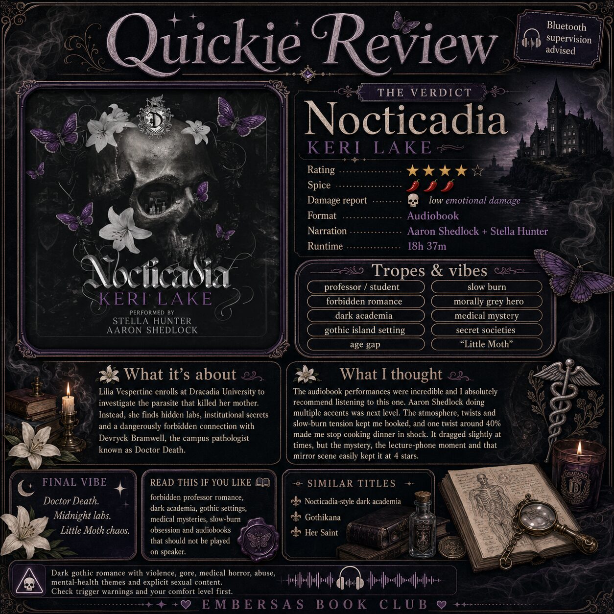 Nocticadia by Keri Lake Quickie Review card: rating 4 stars, spice 3 chillies, damage report 1 skull, audiobook narrated by Aaron Shedlock and Stella Hunter