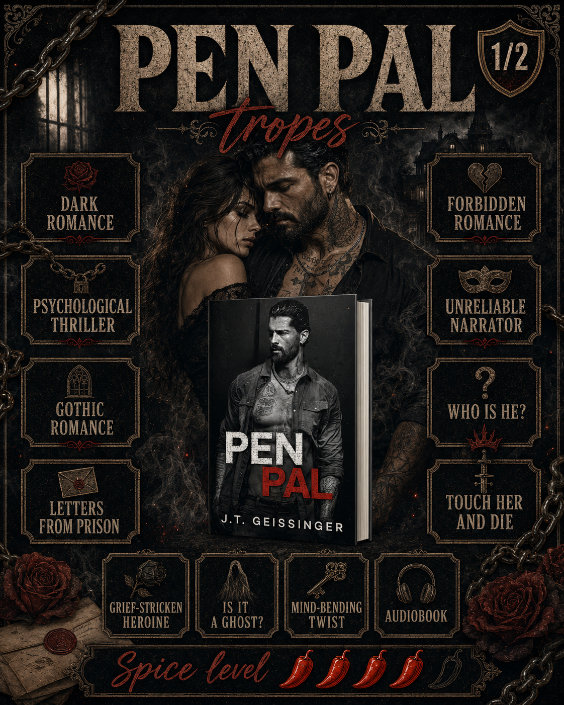 Pen Pal tropes: dark romance, psychological thriller, gothic romance, unreliable narrator, letters from prison, who is he, touch her and die, forbidden romance