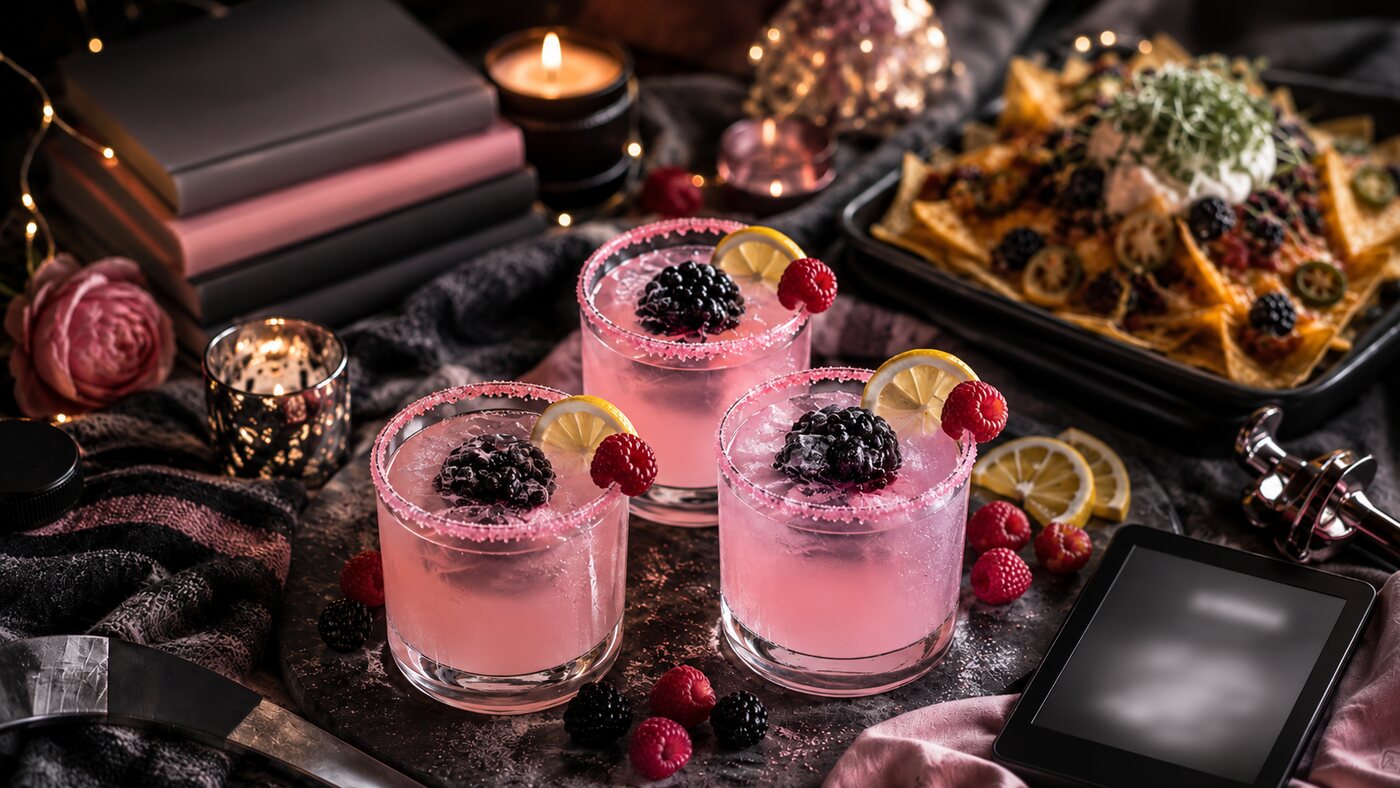 Three Puck Bunny Pink Lemonades beside a tray of loaded nachos, books and candlelight.