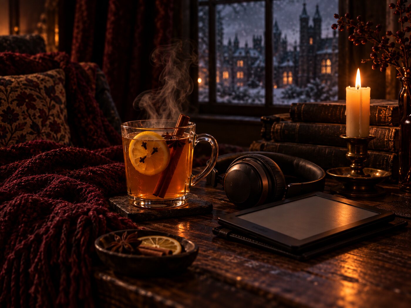 A hot toddy beside headphones and an e-reader on a candlelit table, snow falling outside the window.