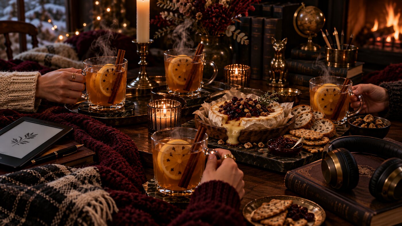 Hands reaching for hot toddies around a candlelit table with baked brie, crackers and a lit fire behind.