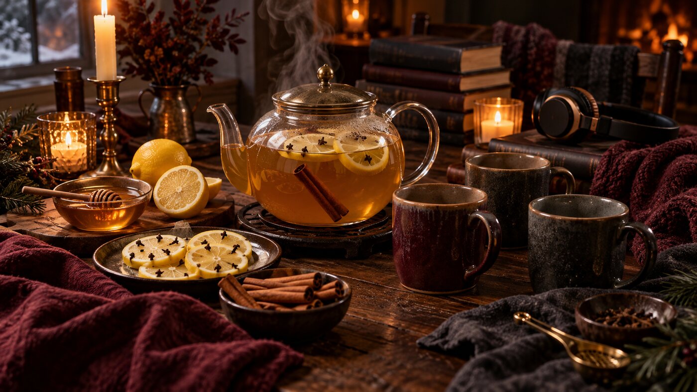 A batch of hot toddy steeping in a glass teapot with cinnamon and clove-studded lemon, ready to pour into waiting mugs.