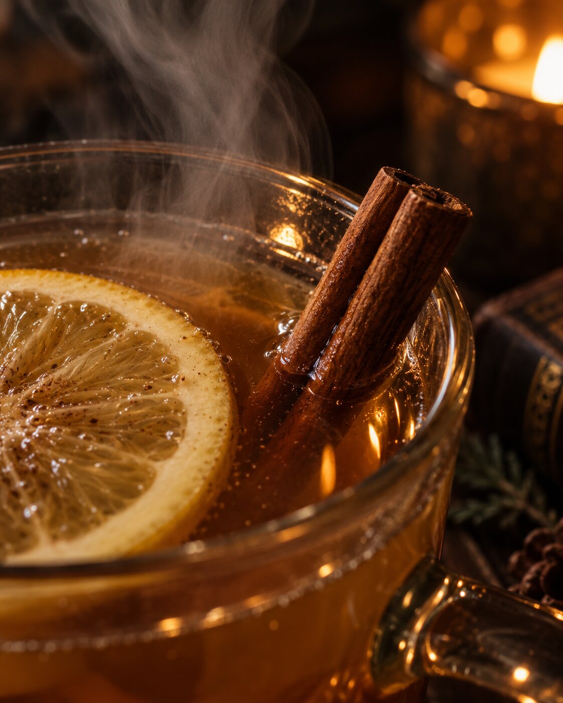 Close-up of the clove-studded lemon wheel and cinnamon stick resting in the steaming toddy.
