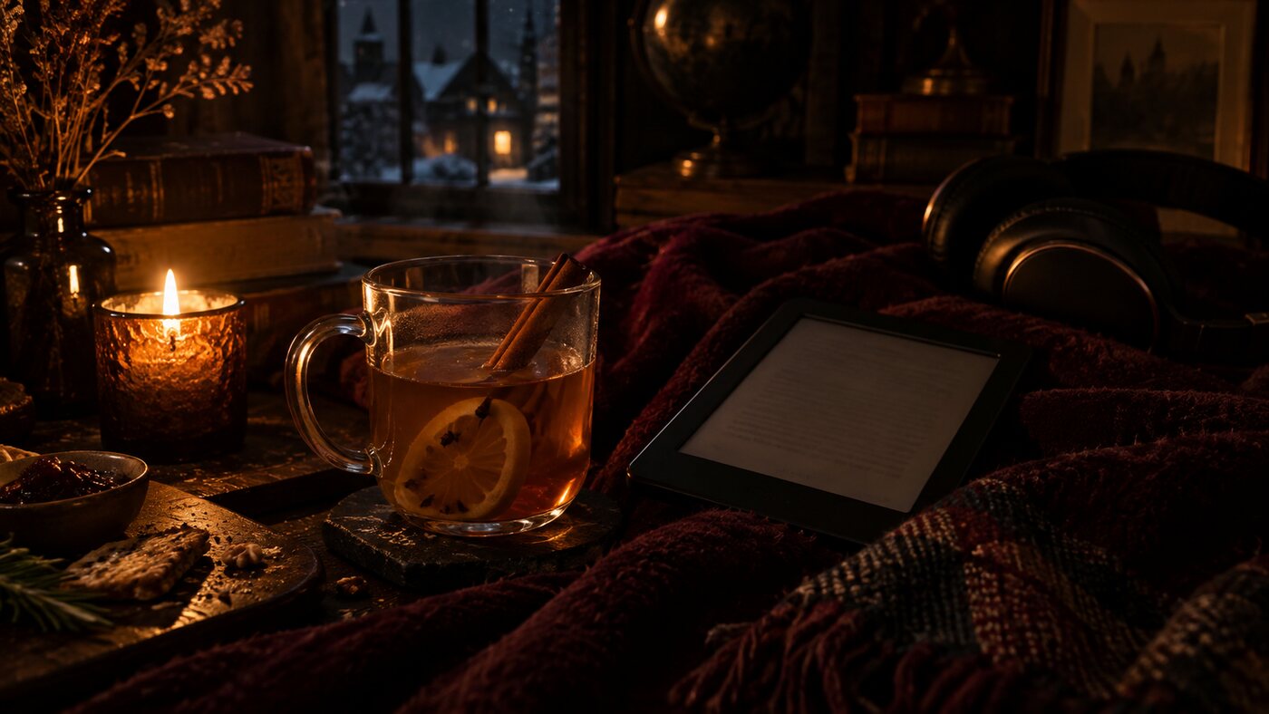 A hot toddy beside an e-reader, headphones and a blanket at the end of the night, snow outside the window.