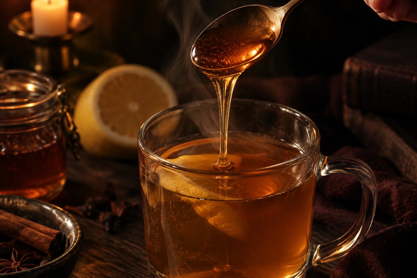 Honey running off a spoon into the mug, with the honey jar and a halved lemon behind.
