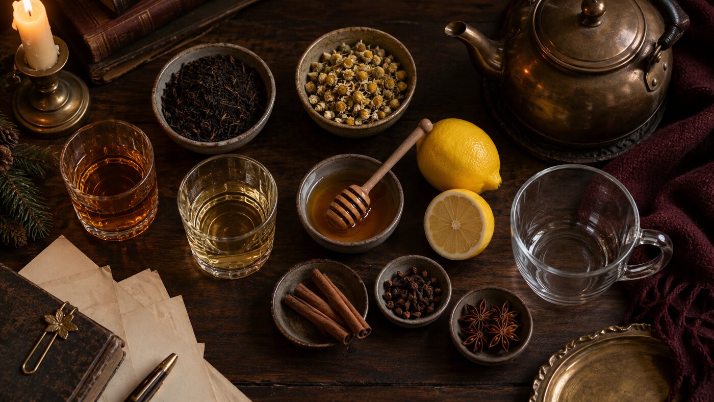 Everything you need: whisky, black tea, chamomile, honey, a lemon, cinnamon sticks, whole cloves, star anise, a copper kettle and a glass mug.