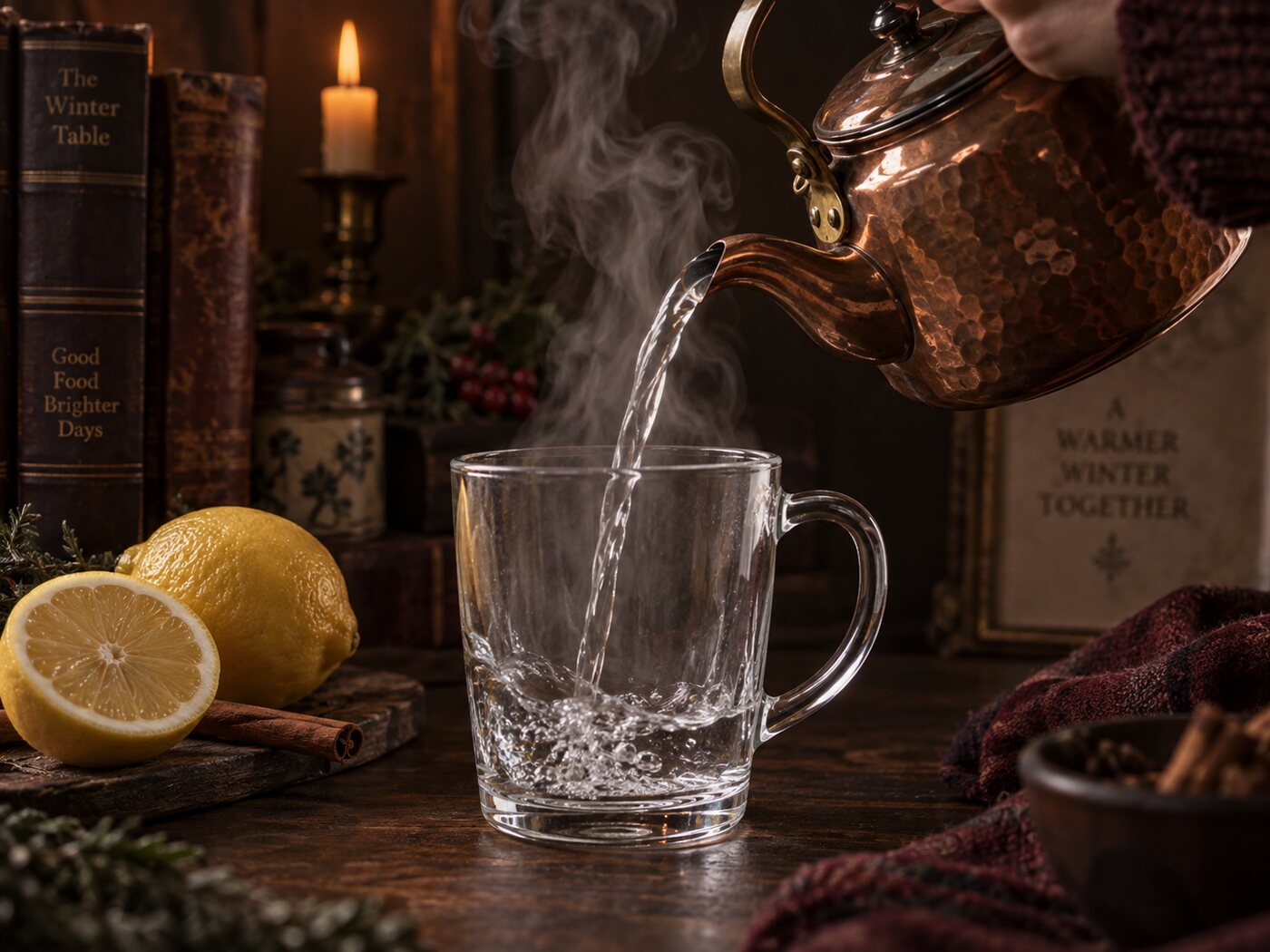 Hot water poured from a copper kettle into an empty glass mug to warm it before the toddy is built.