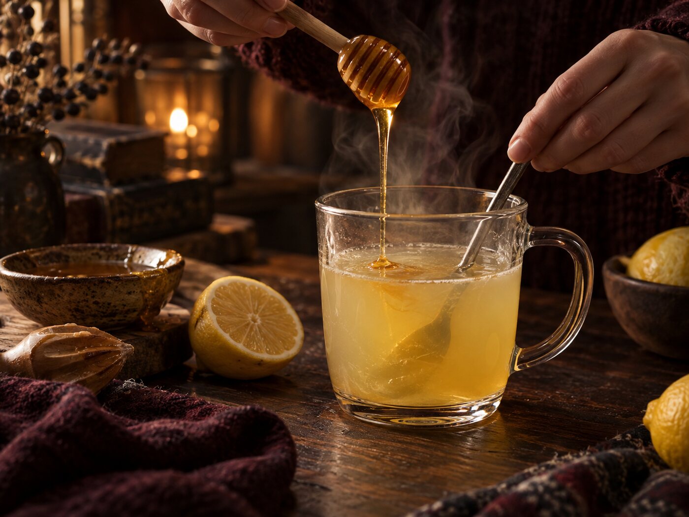 Honey drizzled from a dipper into the warm mug and stirred through the lemon juice.