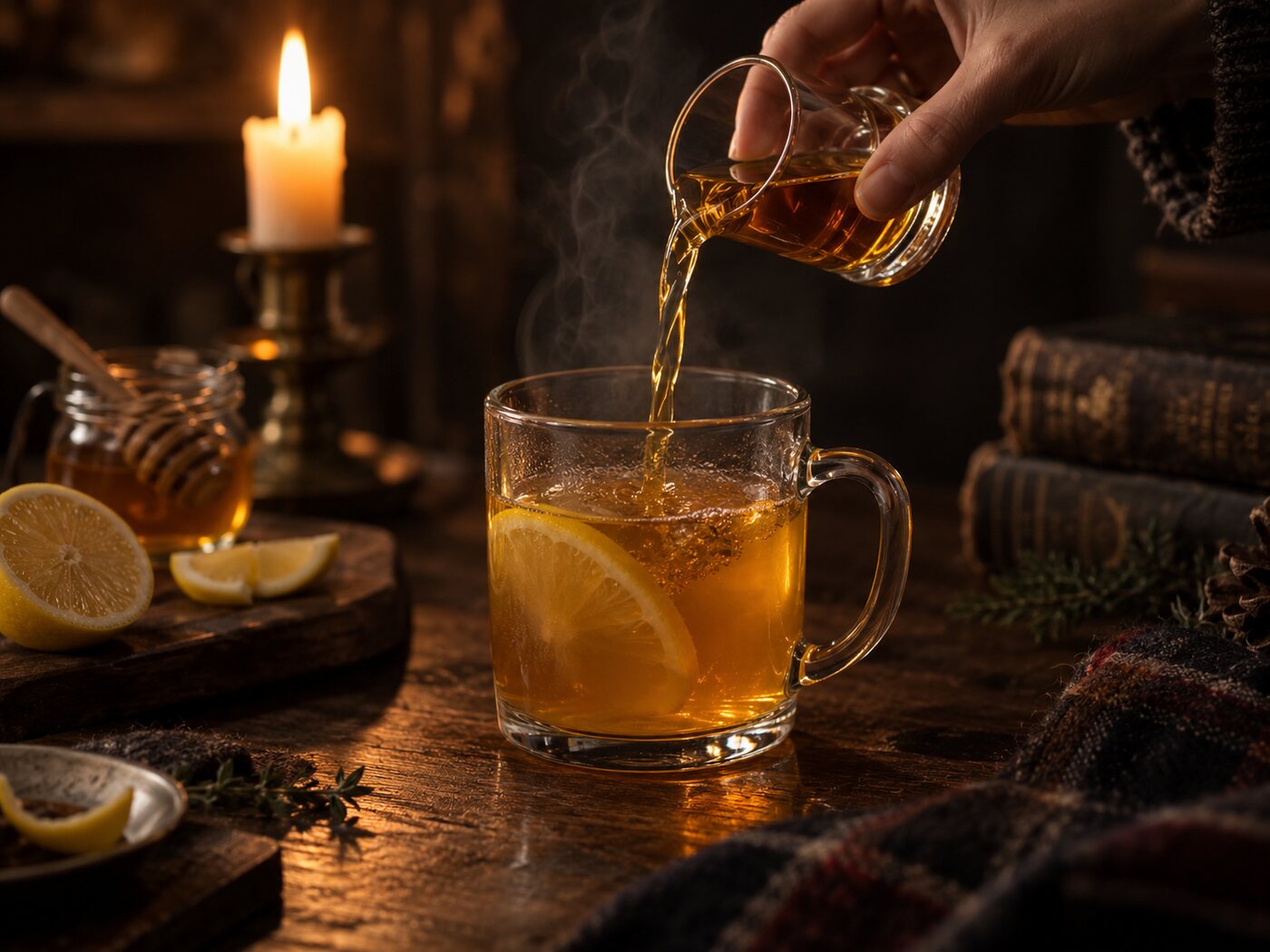 Whisky poured from a glass jigger into the mug over the dissolved honey and lemon.