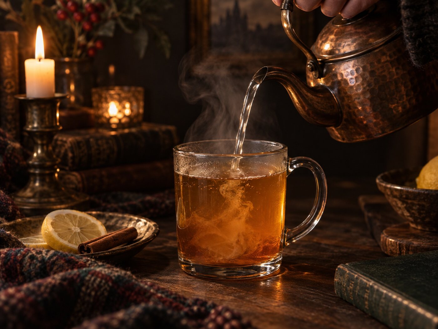Hot water from a copper kettle topping up the mug, steam rising as the toddy comes together.