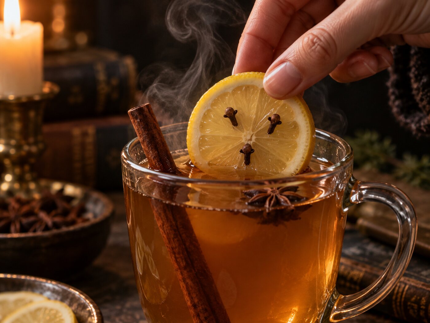 A lemon wheel studded with three cloves lowered into the finished toddy, with a cinnamon stick and star anise already in the mug.
