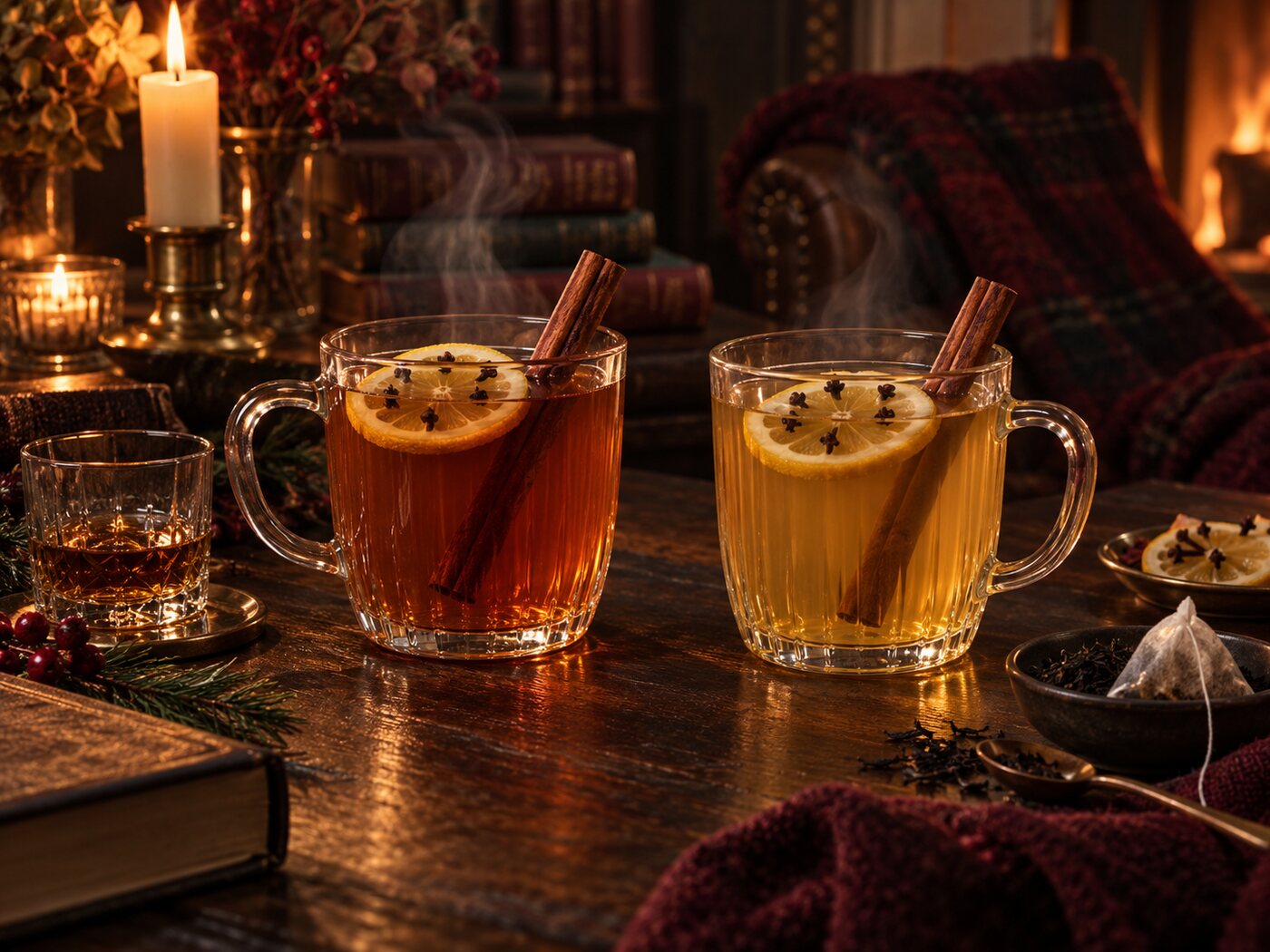 The whisky toddy and the alcohol-free tea version side by side, both garnished with clove-studded lemon and cinnamon.