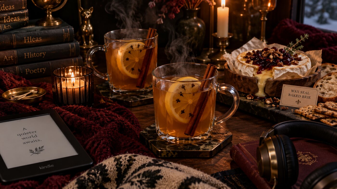 Two hot toddies beside a Wax Seal Baked Brie, an e-reader and headphones on a candlelit table.