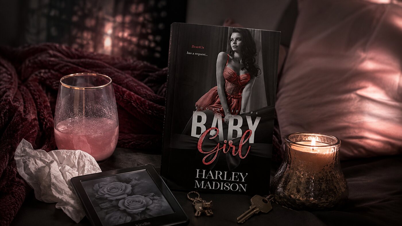 Baby Girl by Harley Madison, book four and the finale of the Sugar Life series, with a candle, tissues and a set of keys