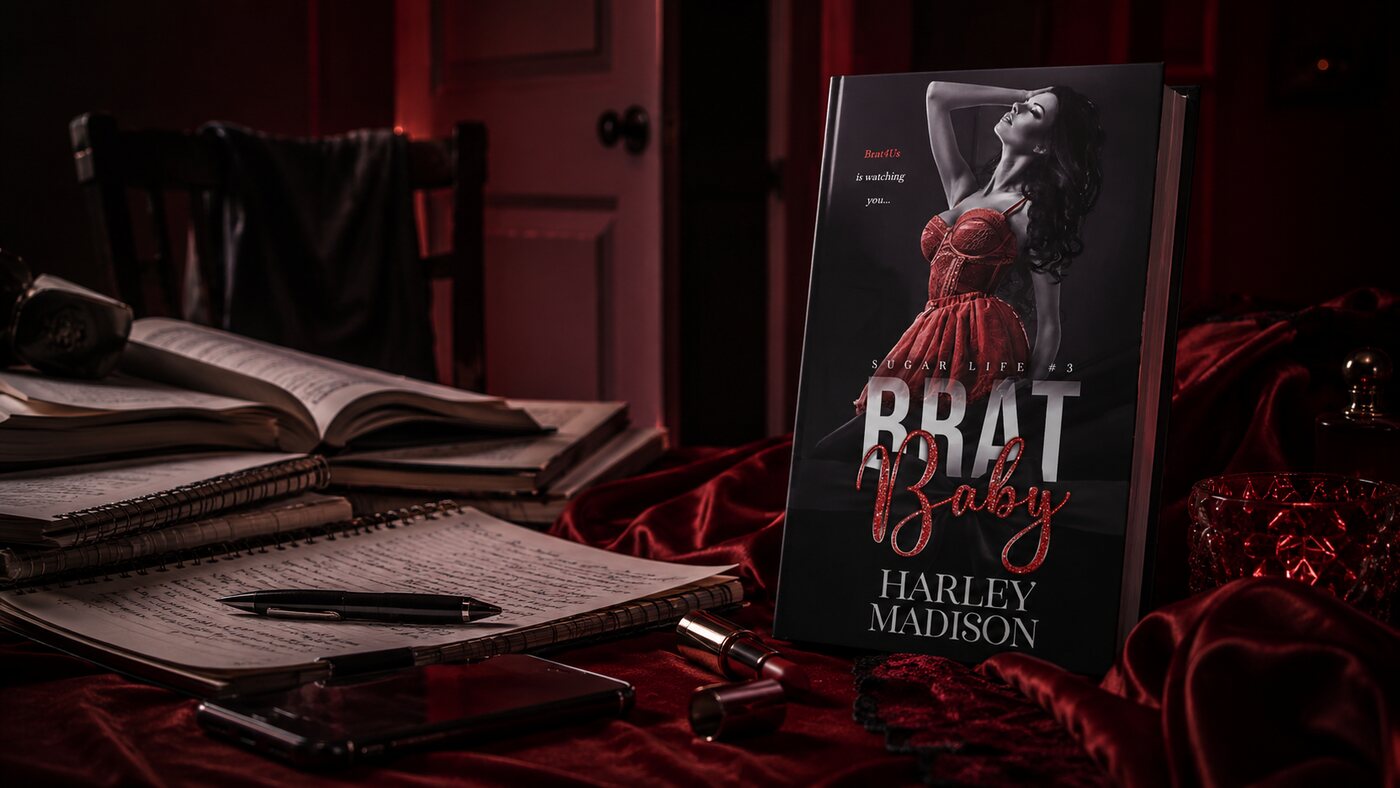 Brat Baby by Harley Madison, book three of the Sugar Life series, beside lecture notes and a lipstick