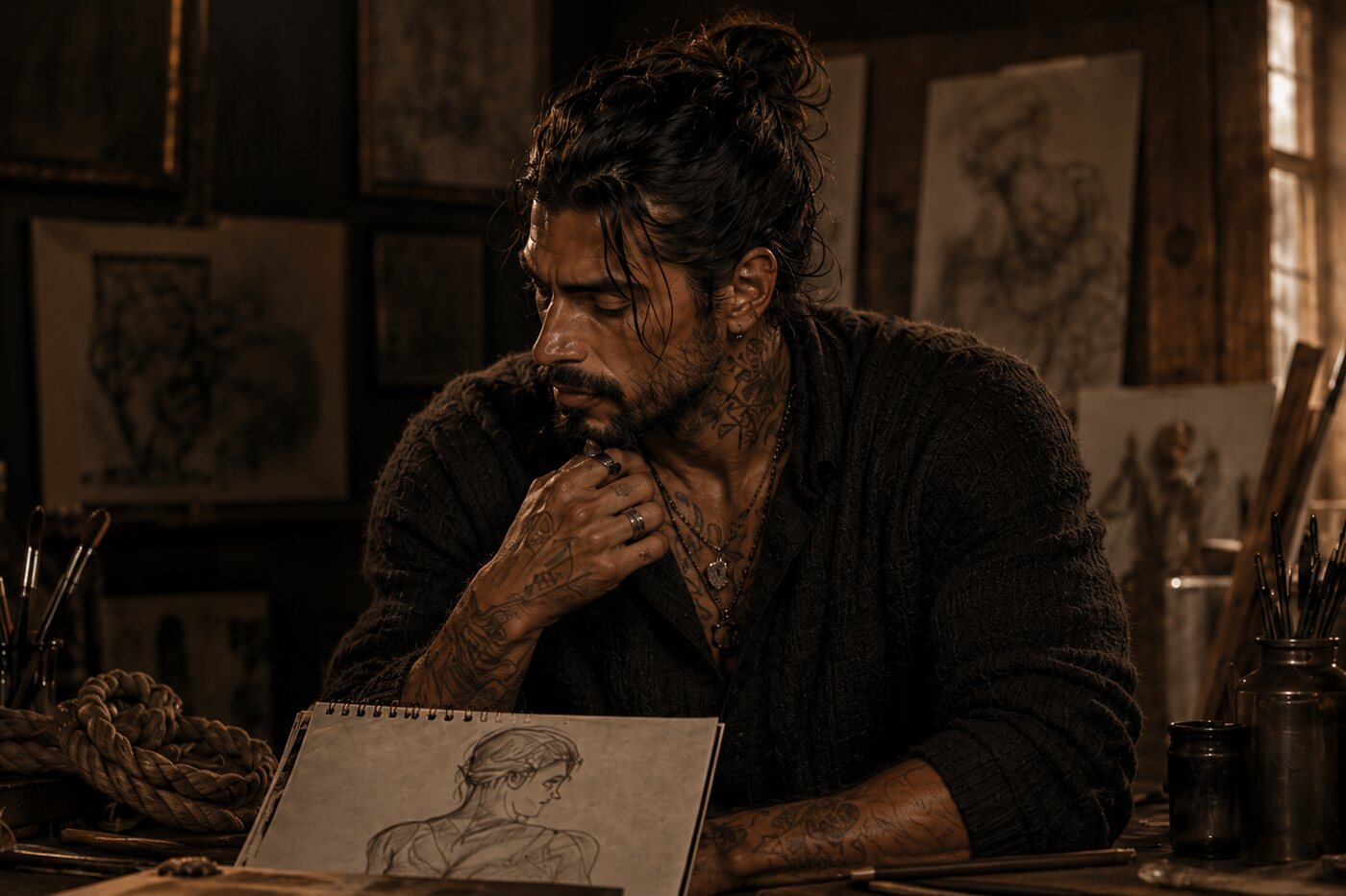 Darcy Reign, Angel, the artist of the Sugar Life daddies, sketching in his studio with rope on the bench
