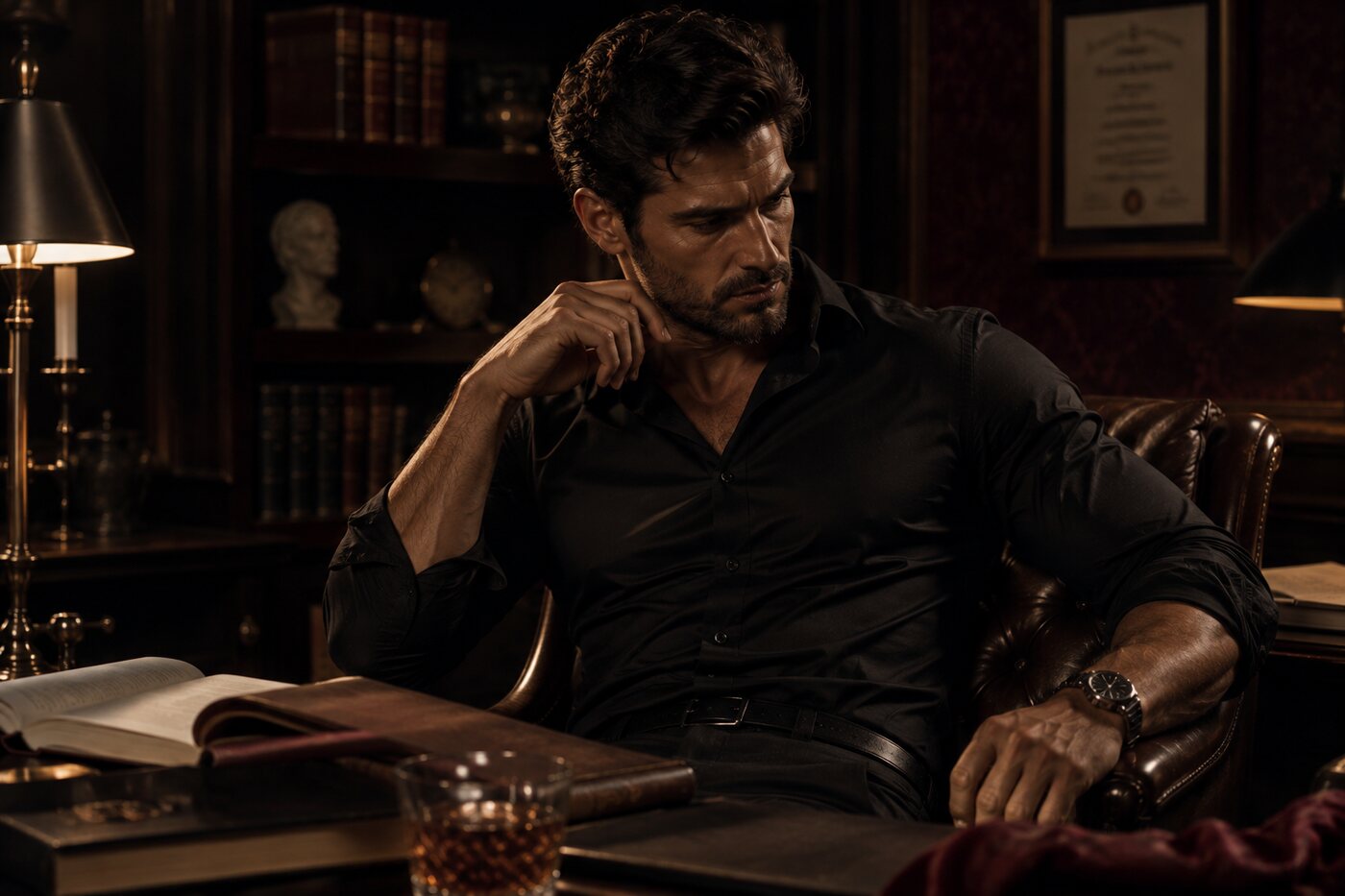 Derek King, Daddy, the authority of the Sugar Life daddies, in his study with a whisky and an open book