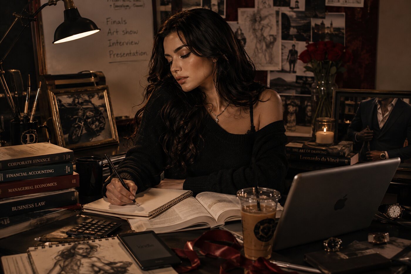 Emery Nicholas, the Sugar Life heroine, studying accounting late at night surrounded by textbooks and sketches