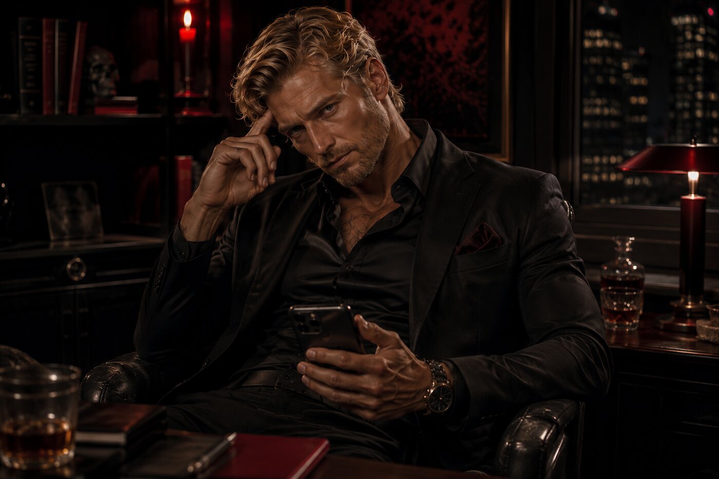 Hudson Gold, Viper, the control specialist of the Sugar Life daddies, phone in hand in a dark city office