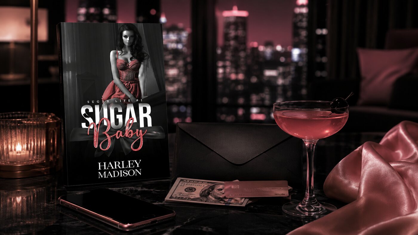 Sugar Baby by Harley Madison, book one of the Sugar Life series, with a cocktail and cash on a city apartment table