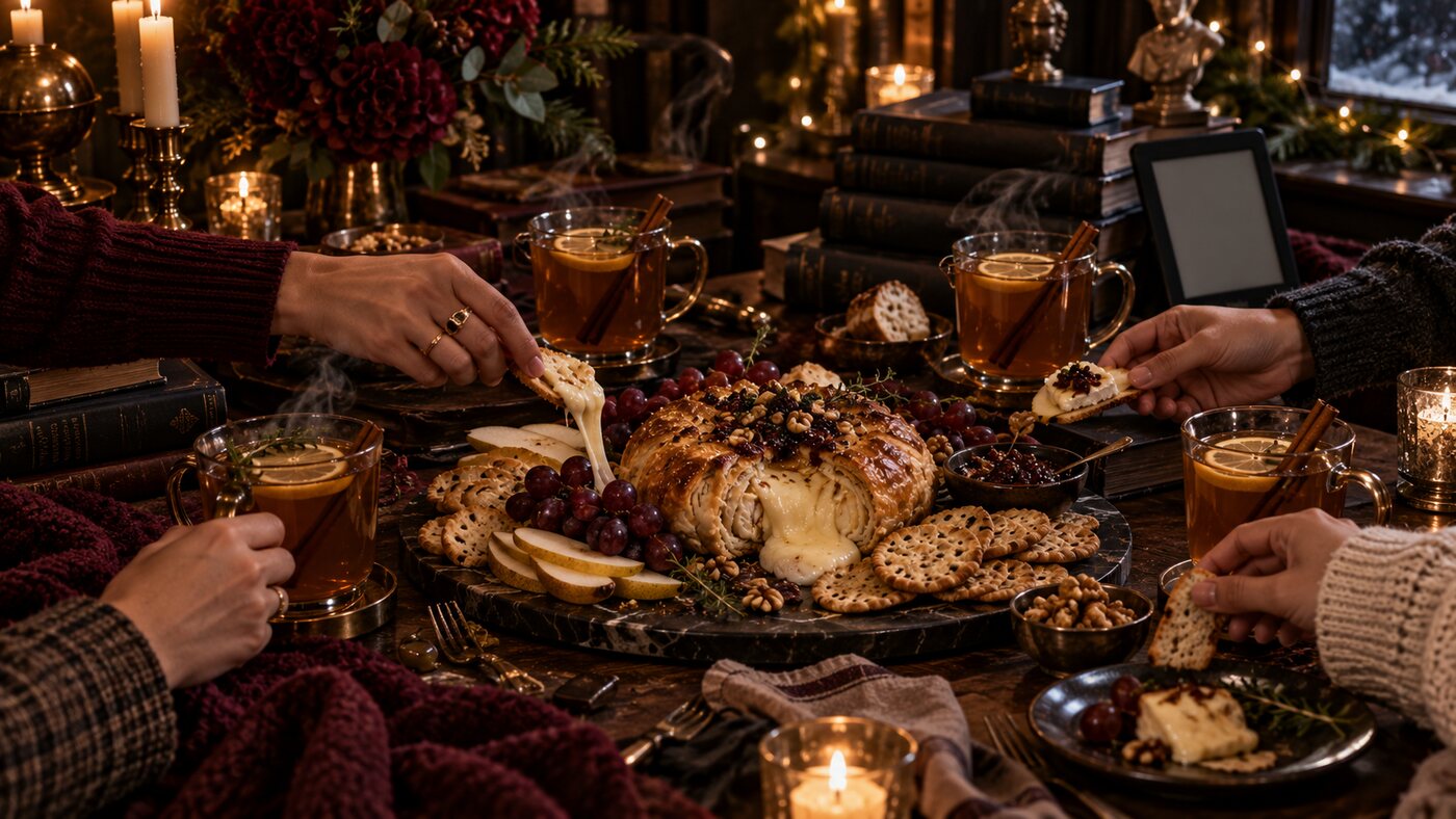 Hands reaching in for baked brie around a candlelit table with hot toddies and crackers.