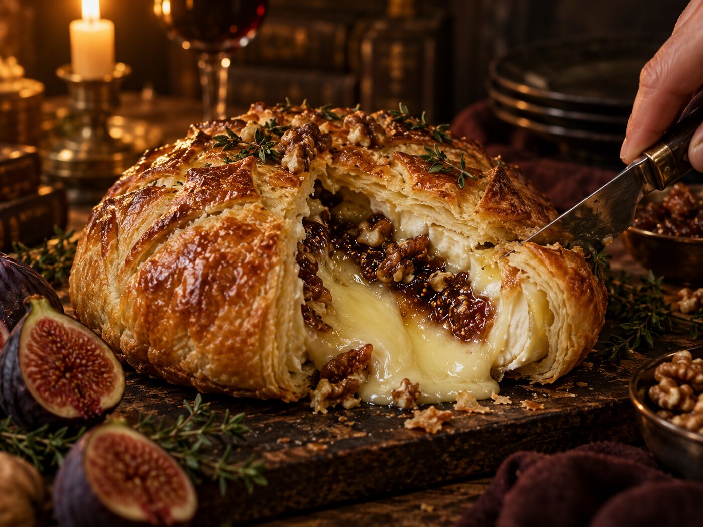 The baked brie cut open with molten cheese, fig jam and walnuts flooding out onto the board, fresh figs alongside.