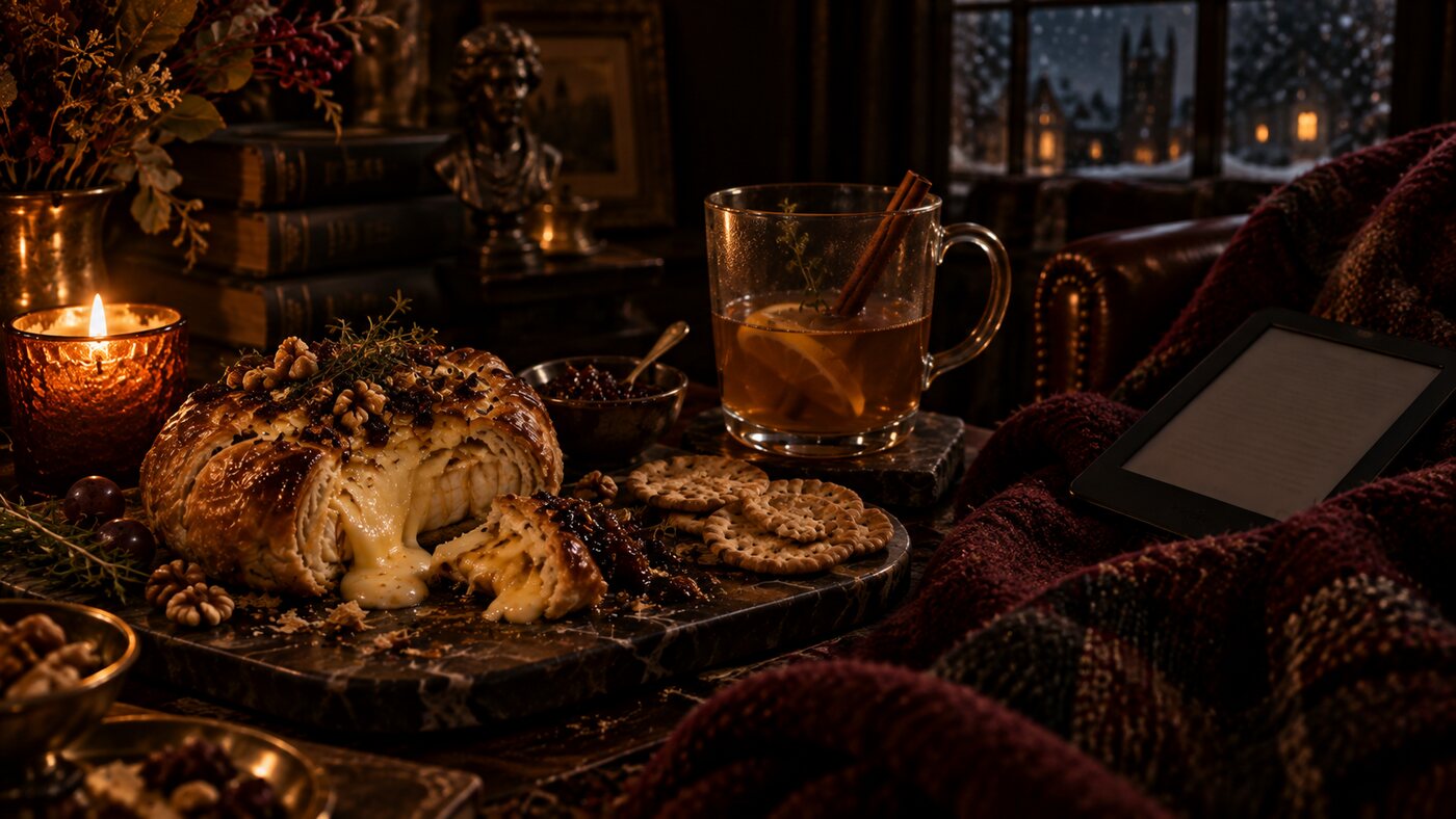 The last of the baked brie beside a hot toddy, an e-reader and a blanket at the end of the night.