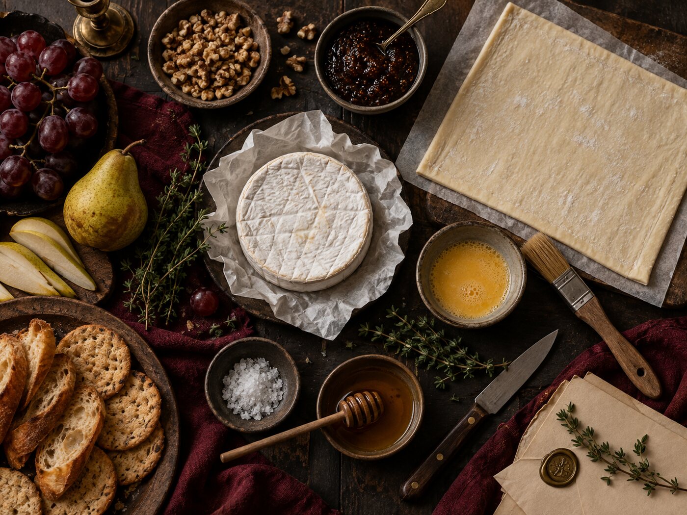 Everything you need: a wheel of brie, a sheet of puff pastry, fig jam, walnuts, thyme, beaten egg and a brush, honey, flaky salt, crackers, pear and grapes.
