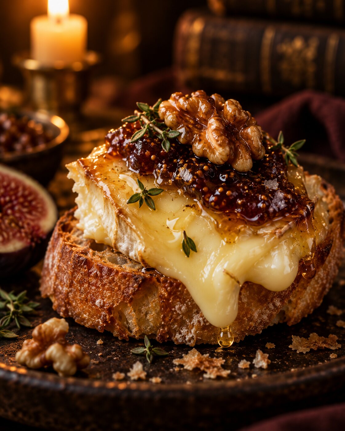 A cracker loaded with melted brie, fig jam, a walnut half and thyme leaves.