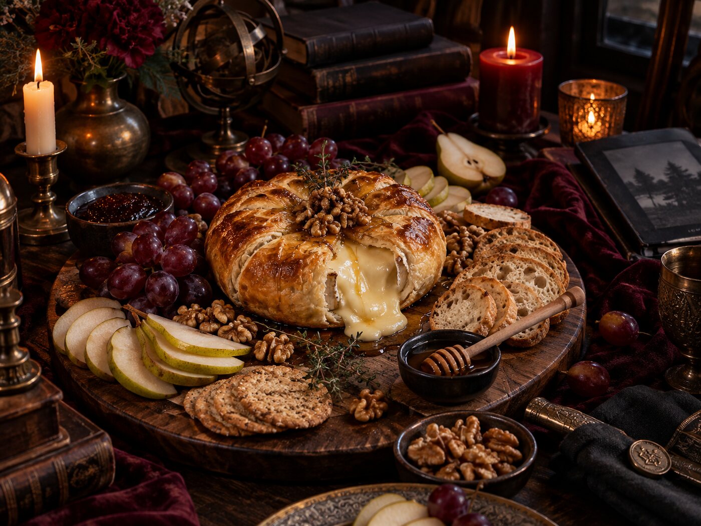 The finished baked brie on a wooden board with grapes, sliced pear, crackers, walnuts and honey.