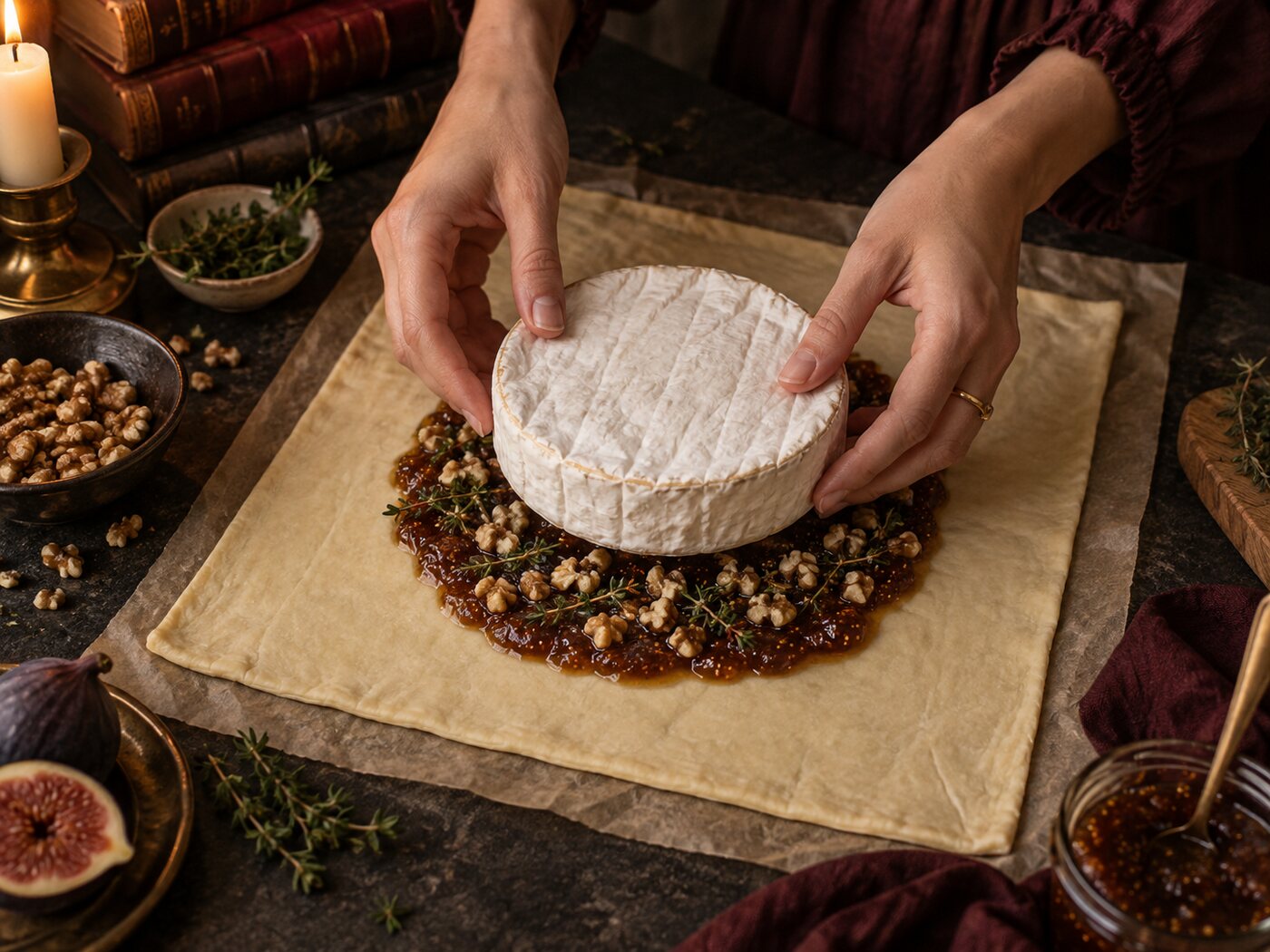 A wheel of brie pressed down onto fig jam, walnuts and thyme spread in a circle on the puff pastry.