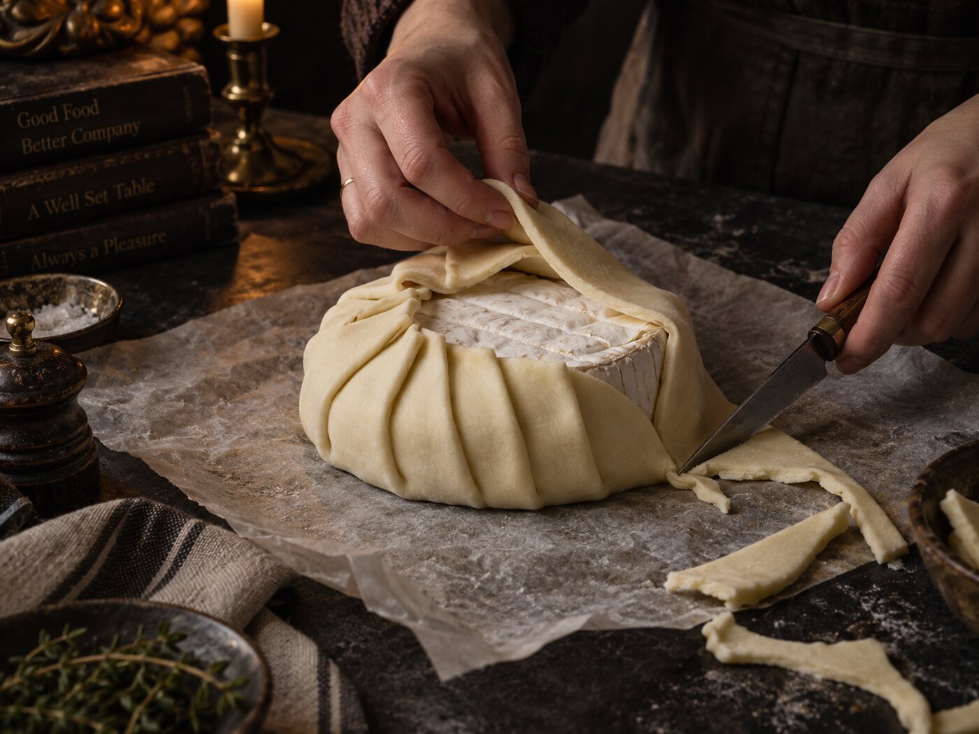 The pastry pleated up and over the brie, with the excess being trimmed away with a knife.
