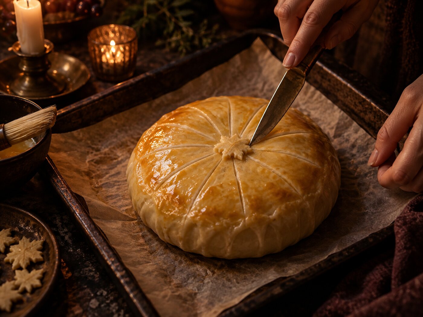 Scoring a starburst pattern into the egg-washed pastry with the back of a knife so it reads as a wax seal.