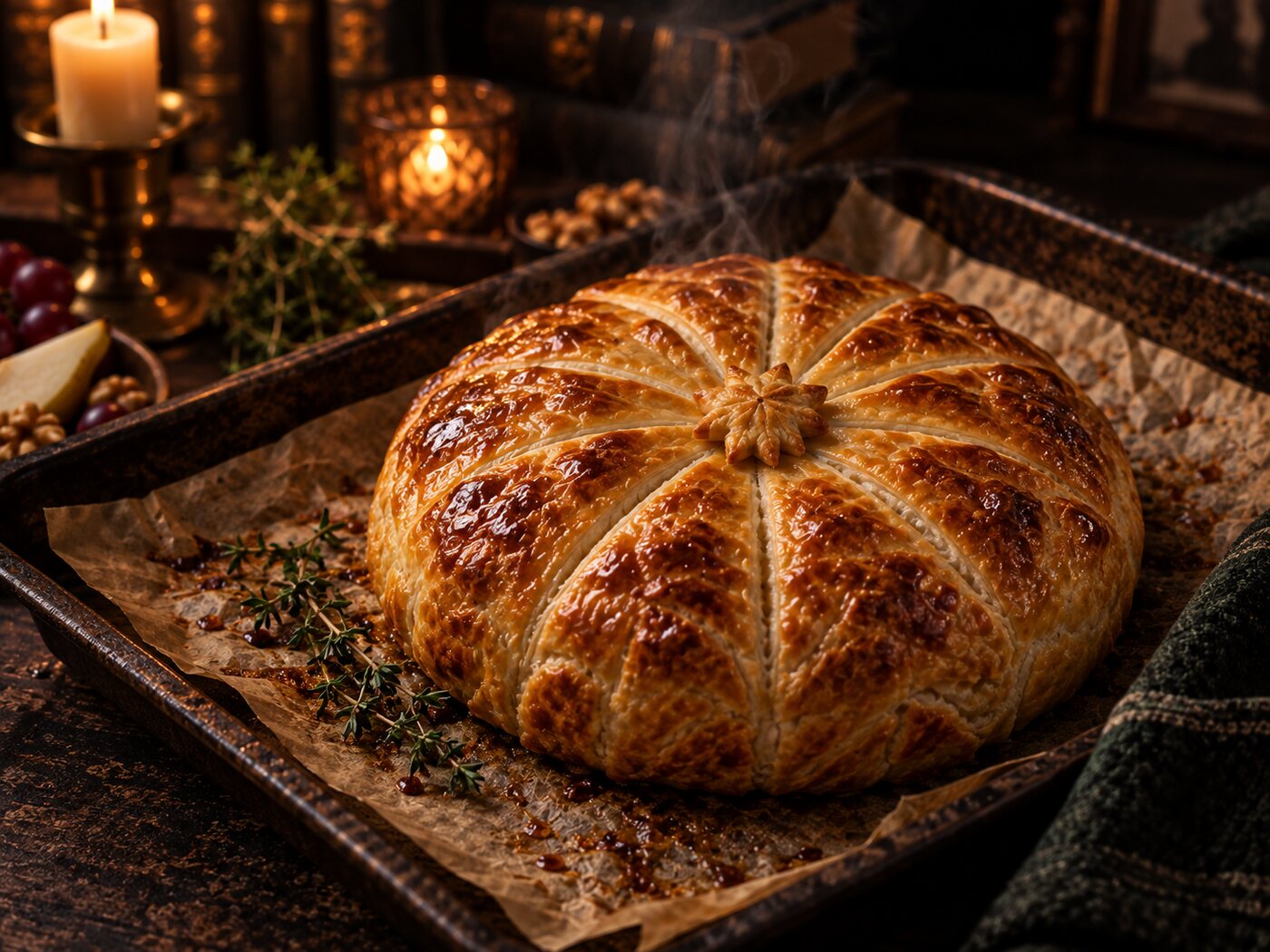 The parcel out of the oven, pastry deep golden brown with the scored seal risen on top.