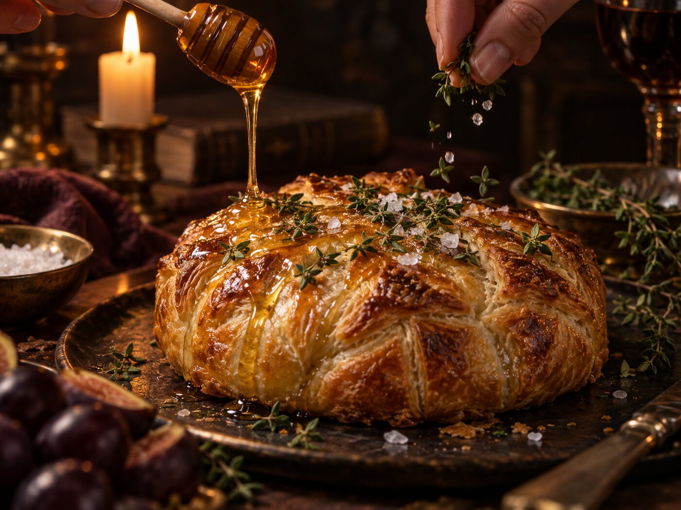 Honey drizzled over the baked wheel with thyme leaves and flaky sea salt scattered on top.