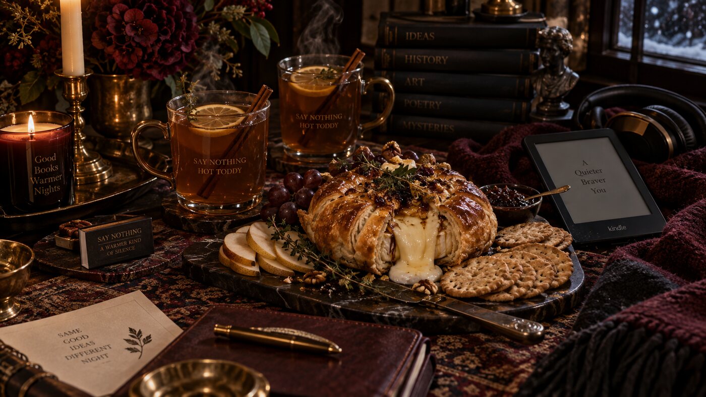 The baked brie on a table with two Say Nothing Hot Toddies, crackers, sliced pear and an e-reader.