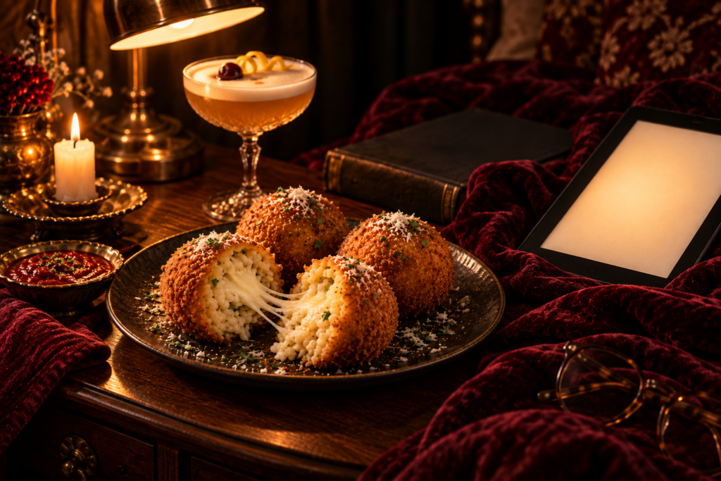 A plate of arancini and an amaretto sour on a side table with an e-reader, a candle and a red velvet throw