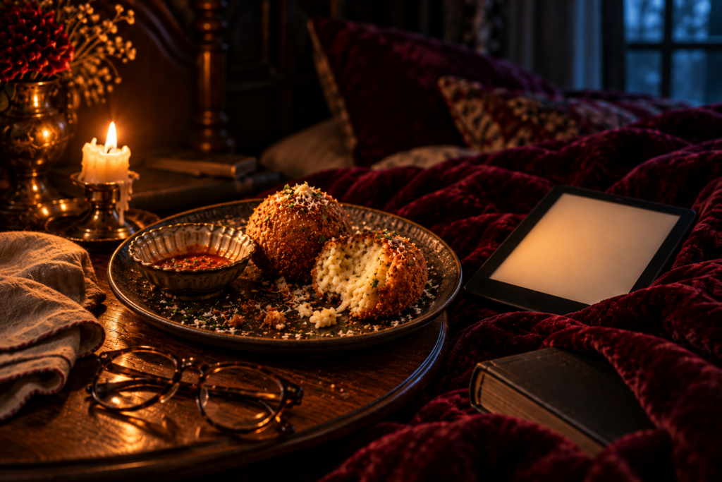 A plate with one broken arancino and a small bowl of marinara, beside a candle, reading glasses and an e-reader