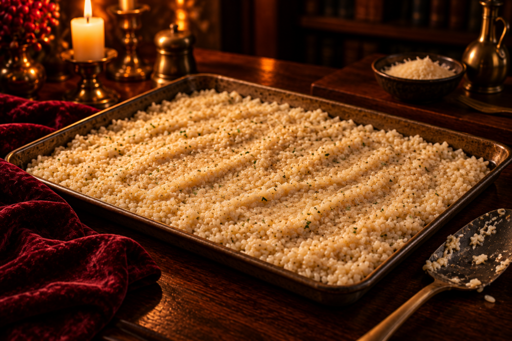Cooked risotto spread in a thin even layer across a large baking tray to cool