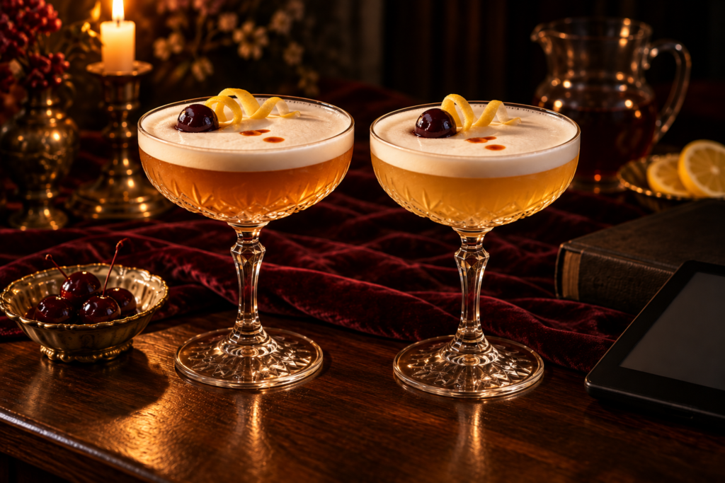 Two amaretto sours side by side in matching coupes, both with thick foam caps, cherries and lemon twists