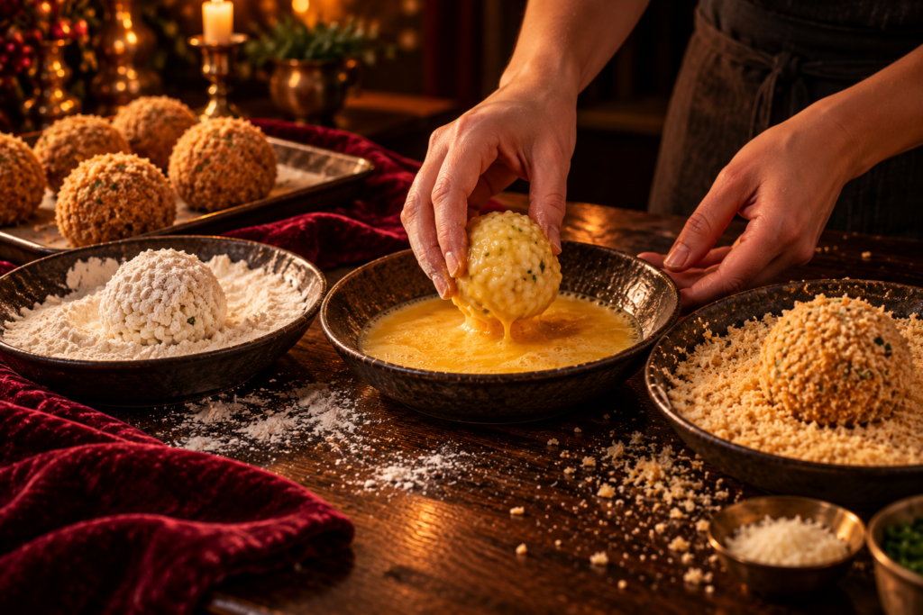 A risotto ball being dipped into beaten egg between bowls of flour and breadcrumbs, with crumbed balls waiting on a tray