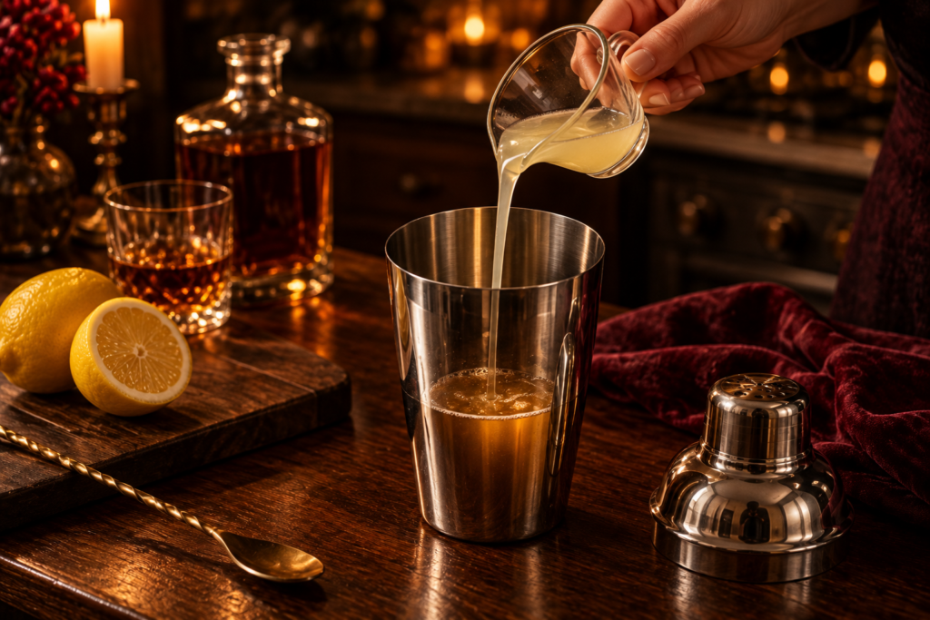 Lemon juice being poured from a small jug into a metal cocktail shaker tin with no ice in it