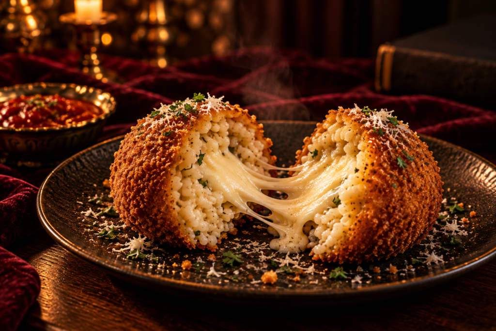 A single arancino broken in half with steam rising and melted mozzarella stretching between the two pieces