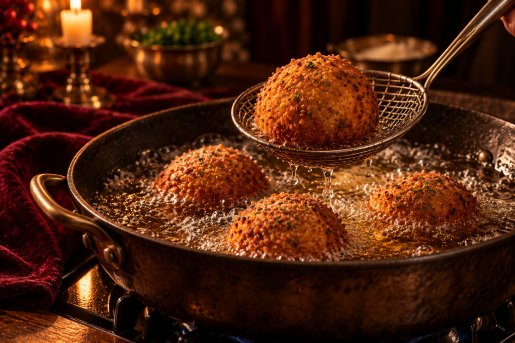 Arancini frying in a copper pan of hot oil, one being lifted out on a spider strainer