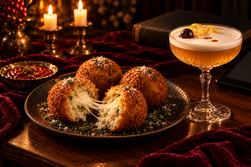 A plate of arancini with one broken open beside an amaretto sour in a coupe, with candles behind
