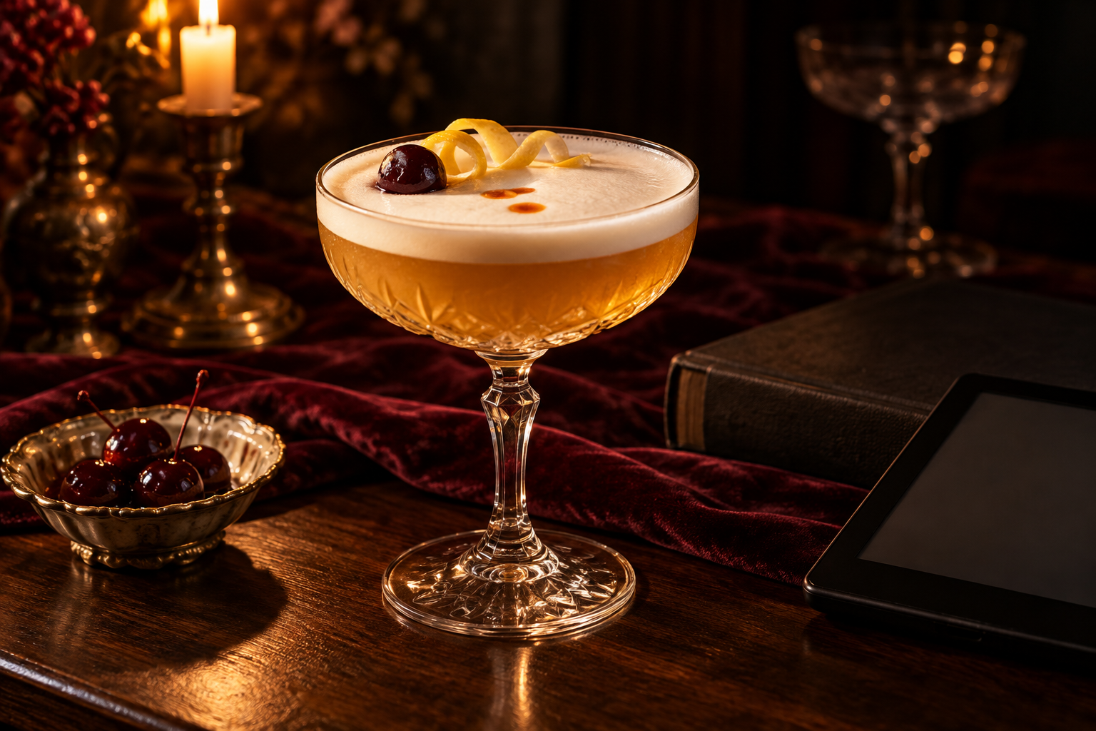 An amaretto sour in a cut crystal coupe with a thick foam cap, a brandied cherry and a lemon twist, on a dark wooden table by candlelight