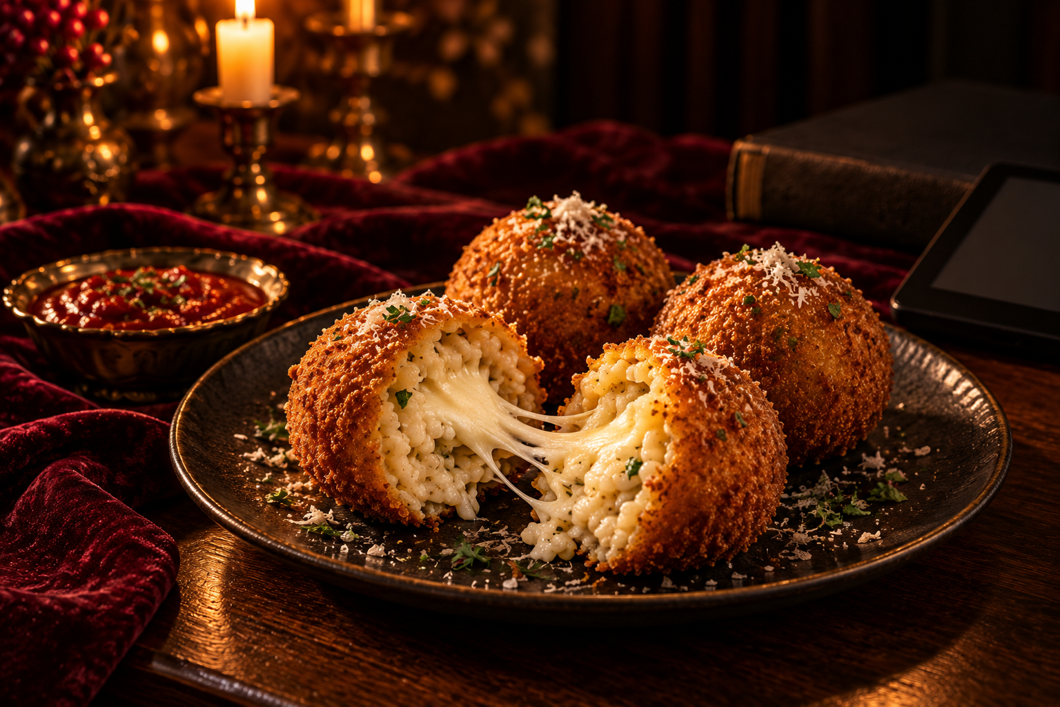 Three golden arancini on a dark plate, one broken open with melted mozzarella pulling from the centre, dusted with parmesan and herbs