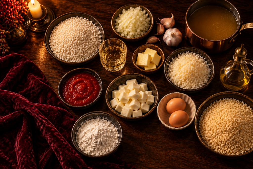 Arancini ingredients from above: arborio rice, chopped onion, garlic, white wine, butter, parmesan, mozzarella cubes, eggs, flour, breadcrumbs, passata, olive oil and a pan of stock