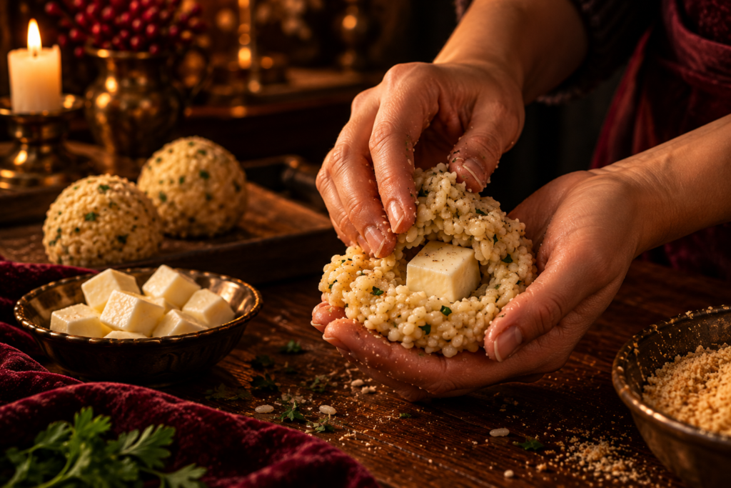 Hands shaping cold risotto around a cube of mozzarella in a palm, with finished balls and a bowl of mozzarella cubes nearby